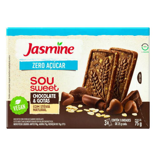 Biscoito Jasmine Sou Sweet Zero Açúcar Sabor Chocolate e Gotas