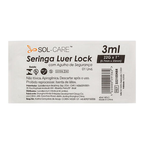 Seringa Luer Lock com Agulha de Segurança 3ml SOL-CARE Embalagem