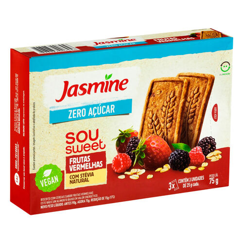 Biscoito Jasmine Sou Sweet Zero Açúcar Sabor Frutas Vermelhas Vegan 75g Verso