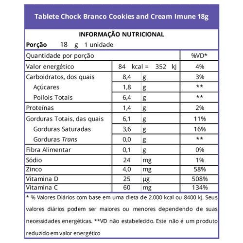 Chocolate Branco Chock Imune #Semculpa Cookies & Cream 18g Tabela
