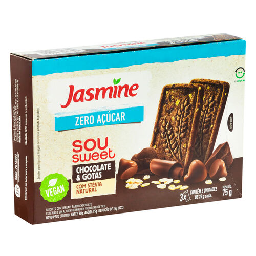Biscoito Jasmine Sou Sweet Zero Açúcar Sabor Chocolate e Gotas Vegan 75g Verso