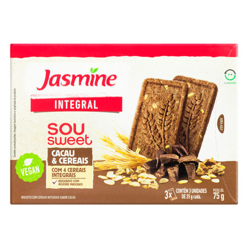 Biscoito Jasmine Integral Sou Sweet Cacau e Cereais Vegan 75g Paccote Frente