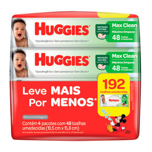 Toalha Umedecida Huggies Max Clean Leve 4 Pague 3 com 4 Pacotes de 48 Unidades cada