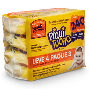 Toalha Umedecida Piquitucho Premium Leve 4 Pague 3 com 4 Pacotes de 60 Unidades cada