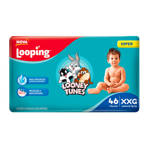 Fralda Looping Baby Looney Tunes XXG Hiper 46 Unidades Descartáveis Pacote