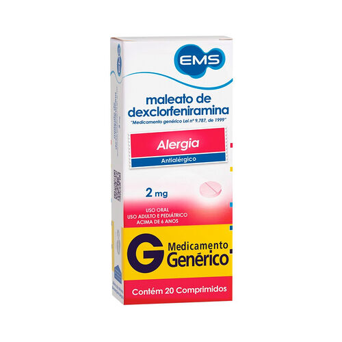 Dexclorfeniramina 2mg EMS Genérico com 20 Comprimidos Caixa