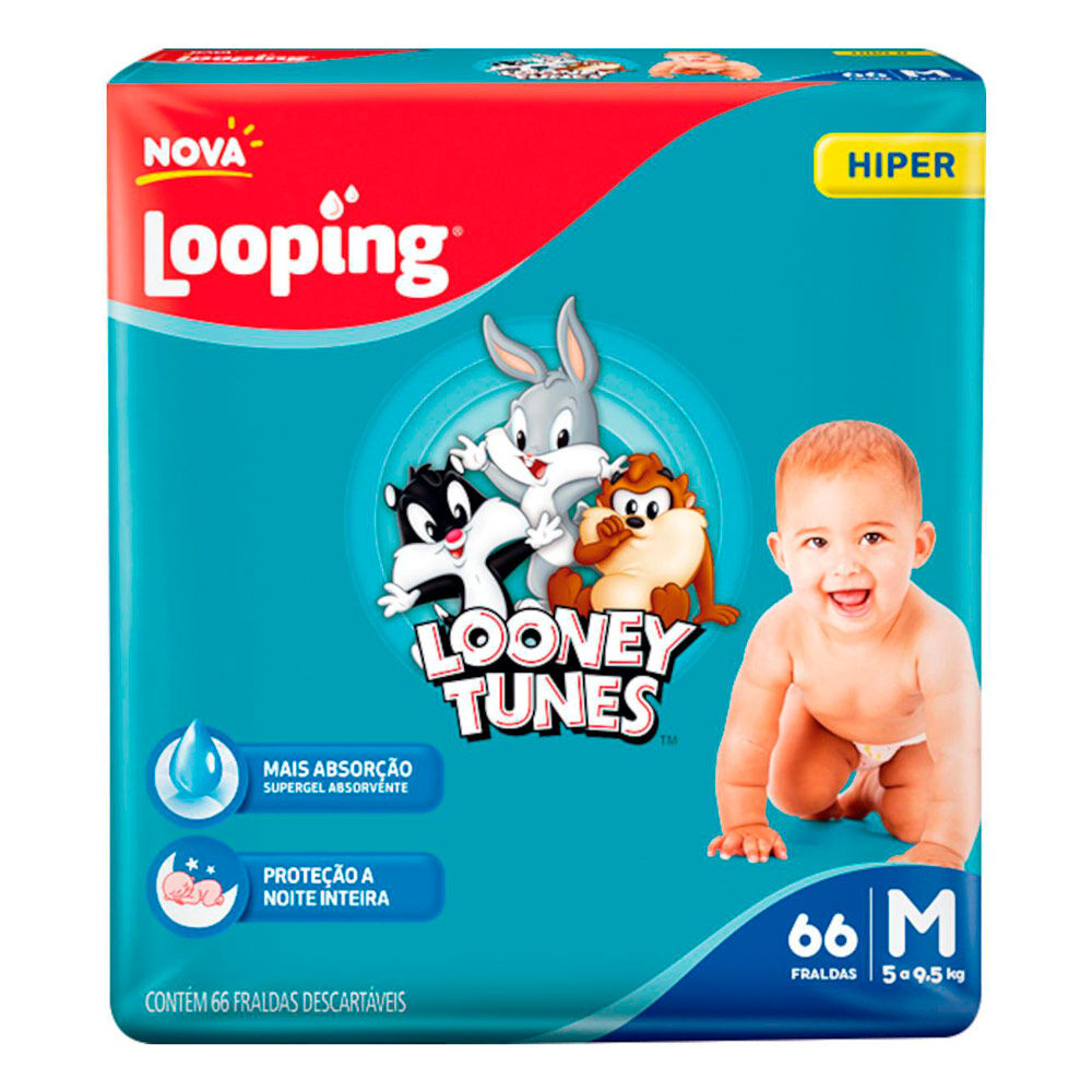 Fralda Looping Baby Looney Tunes Tamanho M 66 Unidades