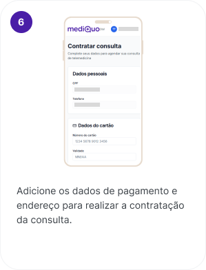 Adicione os dados de pagamento e endereço para realizar a contratação da consulta.
